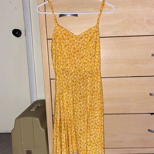 Yellow Floral Print Mid-Short Length Sun Dress